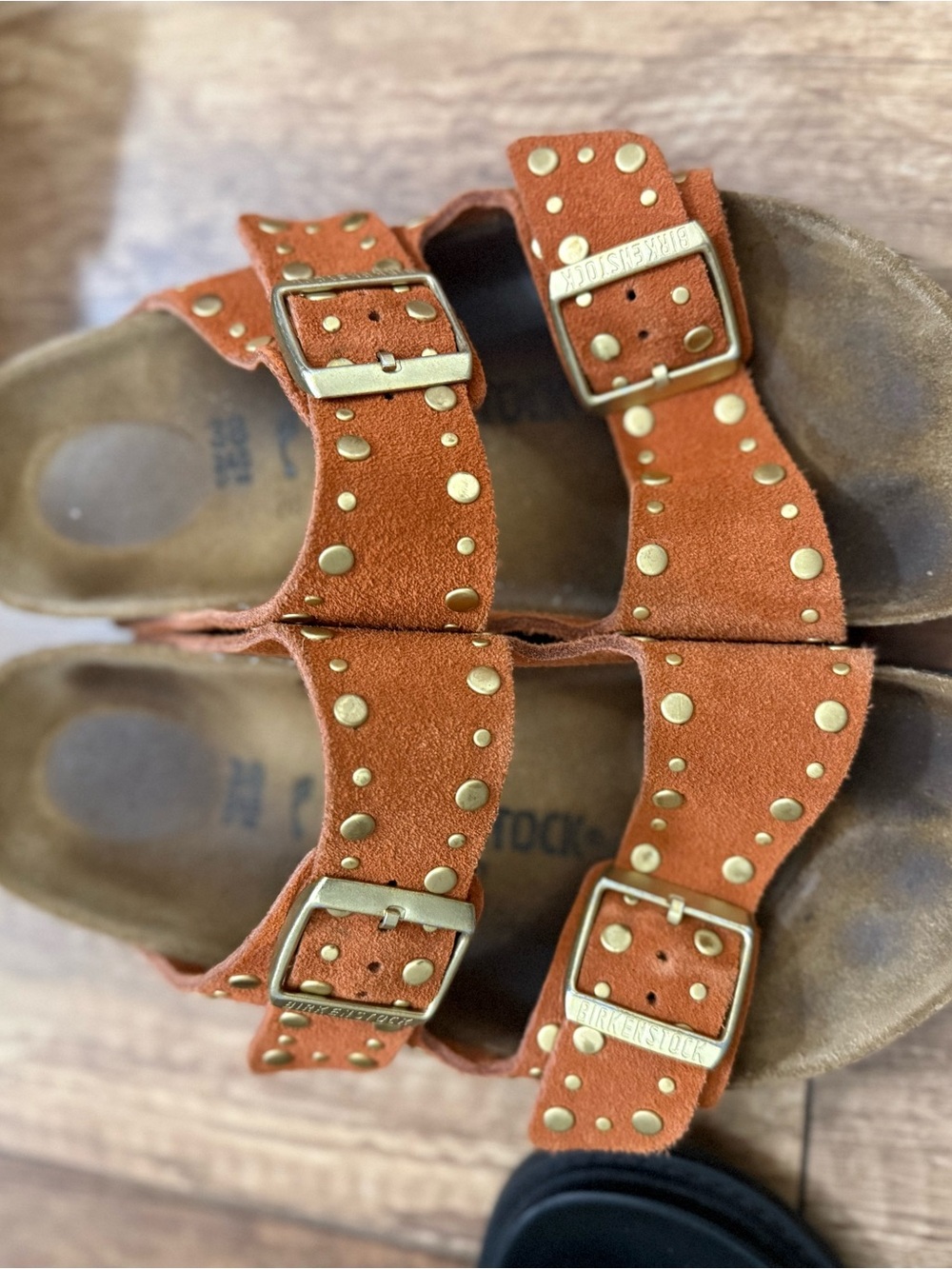 Birkenstock Orange Suede Studded Two-Strap Sandals